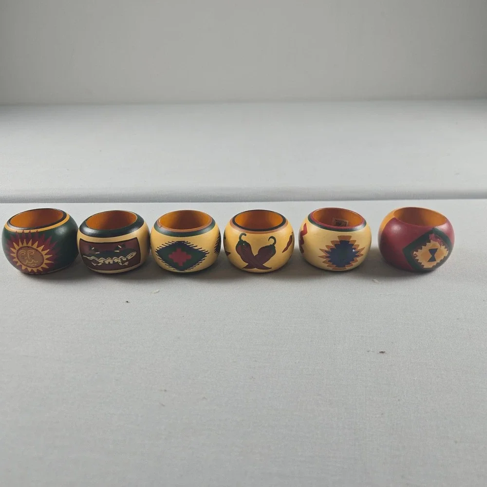 Vintage Hand Painted Wood Napkin Rings Set of 6 India Southwestern Folk Art